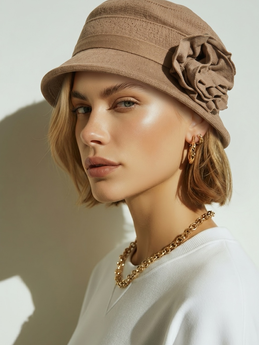 Parkhurst Women's Taupe Tan Knit Bucket Cloche Hat Floral Rosette Detail